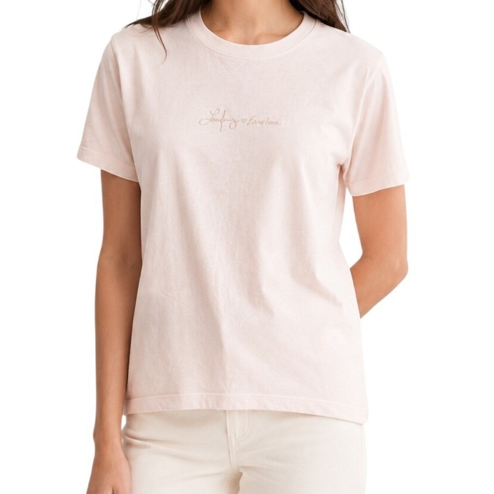 Everlane T-Shirt Laufey Foundation Embroidered Script Pink Peach Small NWT